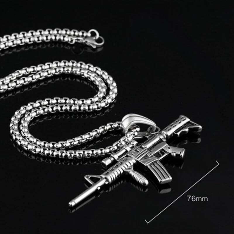 Men's hine Gun Pendant Necklace Hip Hop Punk Black Gold Color Stainless Steel Chain Retro Accessories Hippie Rapper Jewelry
