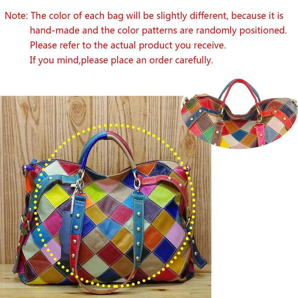 Leather cowhide random plaid color national style handbag shoulder crossbody Tote bag