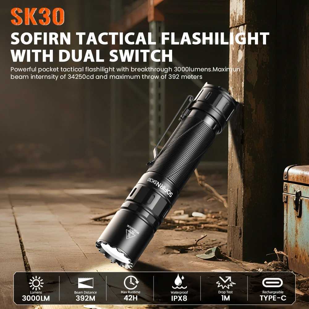 SOFIRN SK30 3000LM Tactical Flashlight 6000K SFT70 LED Light 21700 USB C Rechargeable EDC Torch with Double Switch D250928