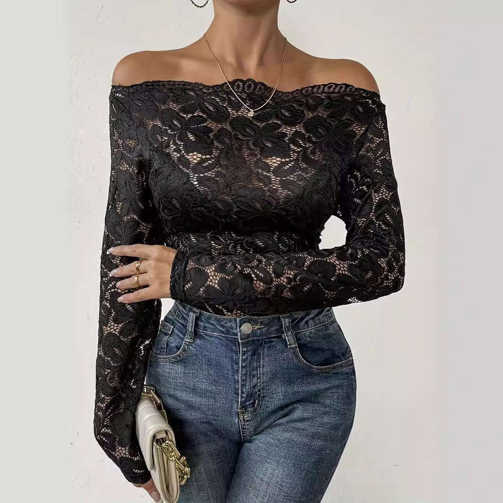 2025 New Fan-shaped Collar Off-shoulder Single-layer Lace Slim Fit Long Sleeve T-shirt Top