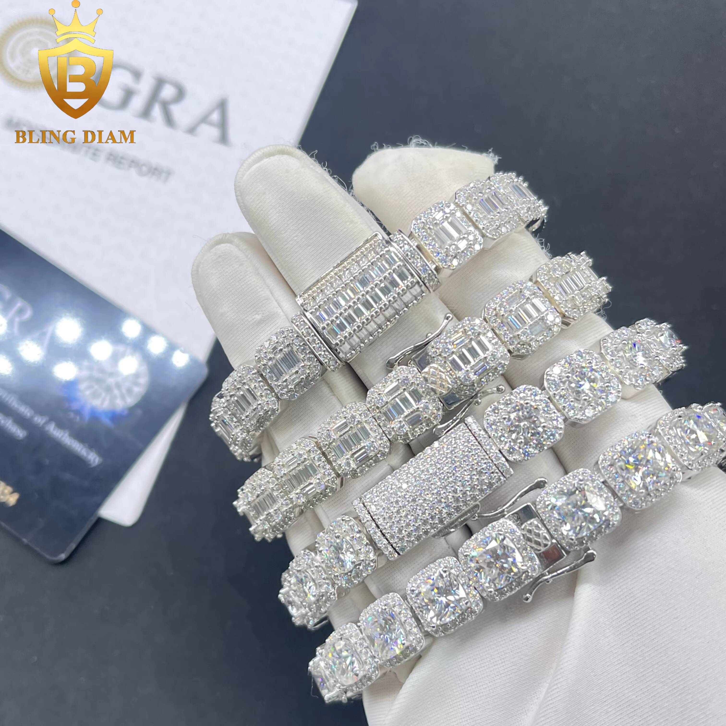 Cluster Iced Out Tennis Chains Baguette Hip Hop Jewelry 925 Silver Vvs Moissanite Gra Certificate Square Bracelet