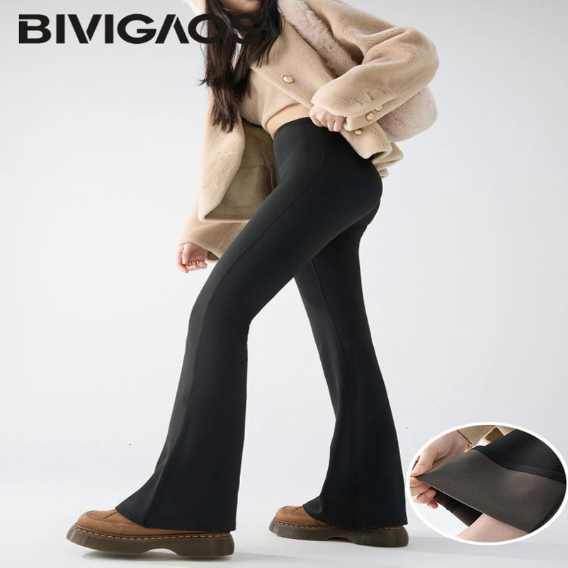 BIVIGAOS Autumn Winter Thin Fleece Sharkskin Micro Flared Pants Leggings Women Elastic High Waist Slim Warm Horseshoe 250106
