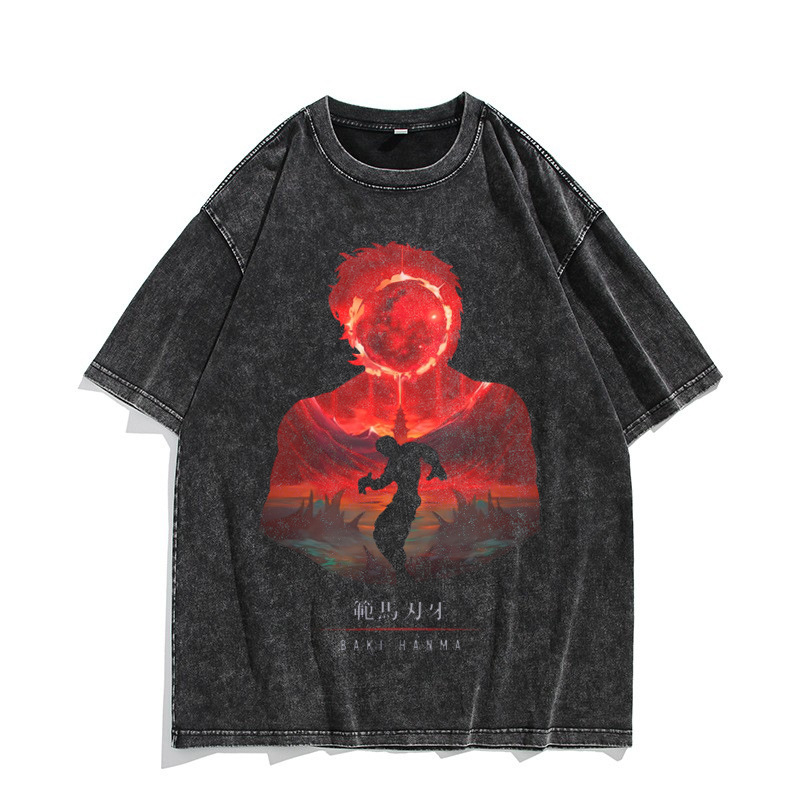 European & American Washed Vintage Short-Sleeve T-Shirt Anime Baki Hanma American High-Street Top - TT8289