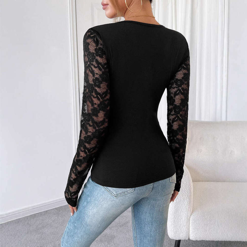 2025 Autumn and Winter New Women's Solid Color Lace Stitching Long Sleeve Slim T-shirt Top for Women