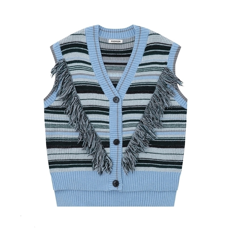 Baggy Tassels Striped Knitted Vest Harajuku Fashionable Casual Raw Edge Patchwork Sleeveless Knitwears Top Oversize Sweaters Y2k 240712
