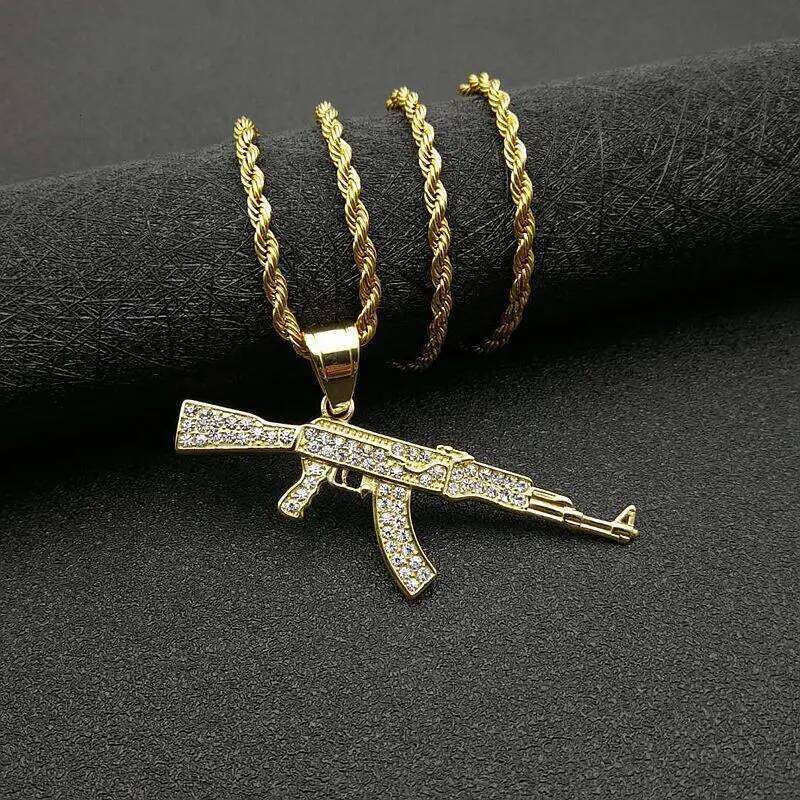 AK47 Gun 316L Stainless steel Pendant Necklace Iced Out Rhinestone Hip Hop Golden Sier Color Men Women Jewelry