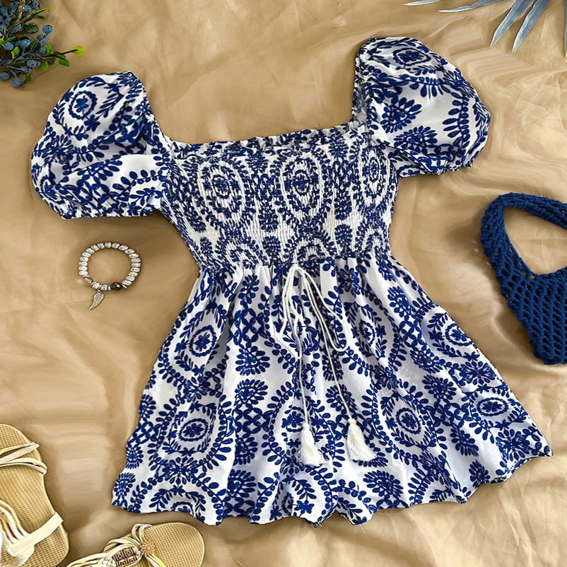 Romantic Leisure Vacay Blue White Printed Floral Romper With Cinched Waist Perfect For Casual And Vacation Womens dress 240715