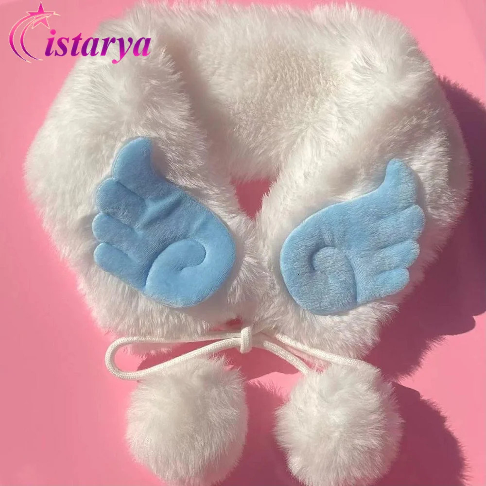 Harajuku Angel Wings Plush Faux Fur Scarf Women Winter Warm LaceUp Fleece Ball Neck Wrap Kawaii Chic Streetwear Y2K Scarves 250928