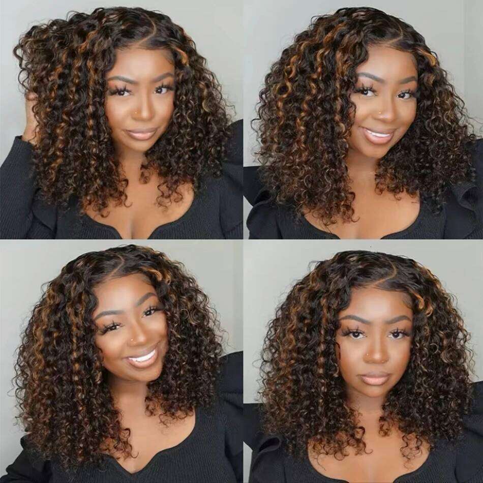 10A 6X5 Glueless Lace Colored Human Hair Wigs Ready To Wear And Go Short Kinky Curly Ombre Highlights Brown Color Wig Xiusiyuan2509