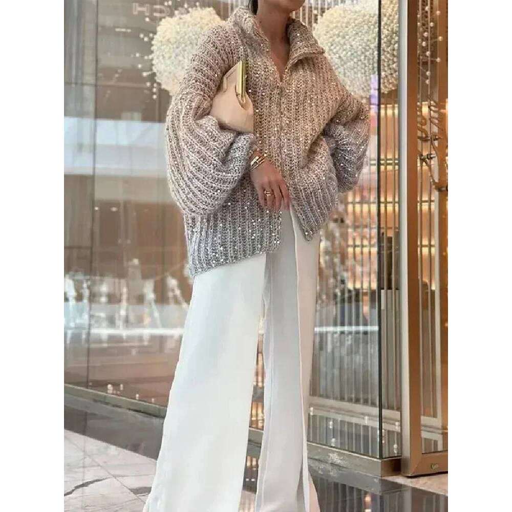 Elegant Sequin Sweater Women Fashion Lurex Long Sleeve Loose Female Zipper Knit Oversized Cardigan Autumn Streetwear Lady Coat