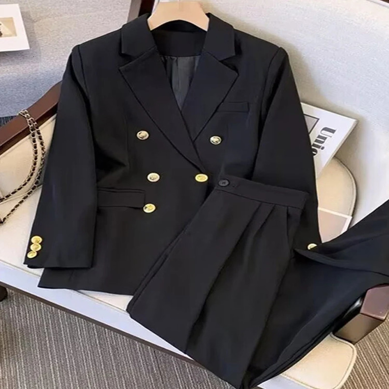 Elegant Office Lady Blazer Suit Metal Button Long Sleeve Coat High Waist Straight Pants Set Spring Chic Women 2 Piece Sets 240226wtt