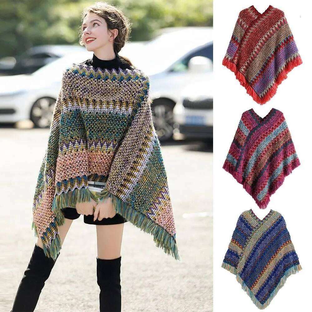 Fashion Mongolian Poncho Women's Ethnic Style Knitted Cape Pullover Tassel Shawl Coat Overlays Knitting Wraps
