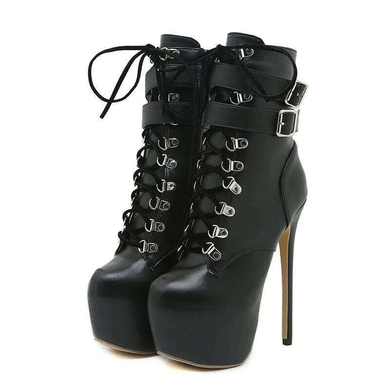 Liyke Sexy Buckle Strap 16.5 CM Extreme High Heels Platform Boots For Women Round Toe Cross Lace Up Party Club Stripper Shoes