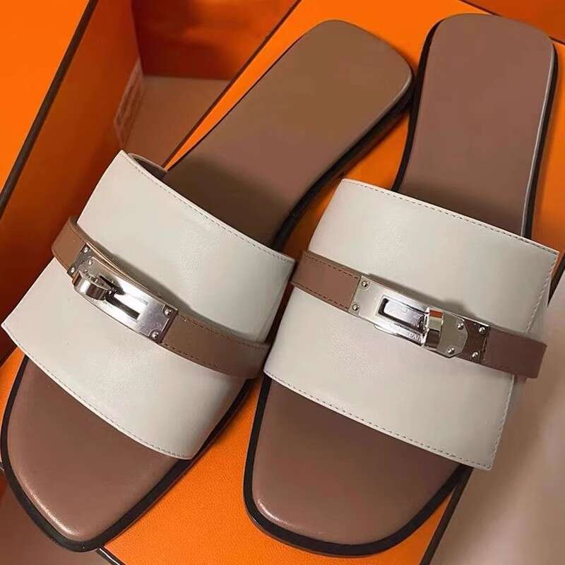 High-Quality Trendy Small Lock Buckle One-Strap Sandals for Women Fashion Versatile Color-Block Square Toe Flat Outdoor Summer Slippers