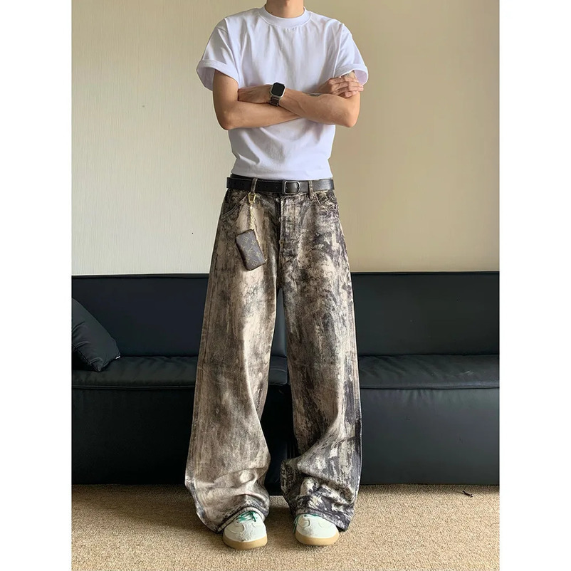 Mens Jeans Floor Length Pants Denim Camouflage Print Loose Casual Straight Trousers Pocket Splice Autumn Winter 250306wtt