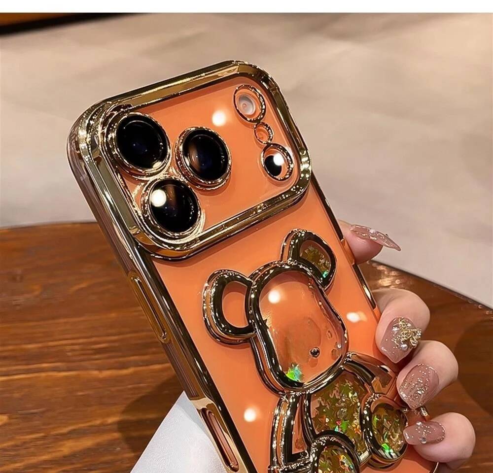 Cute Plating Quicksand Bear Case for iPhone 17 16 15 14 13 12 11 Pro Max Plus Air Glitter Bling Camera Protector Cover