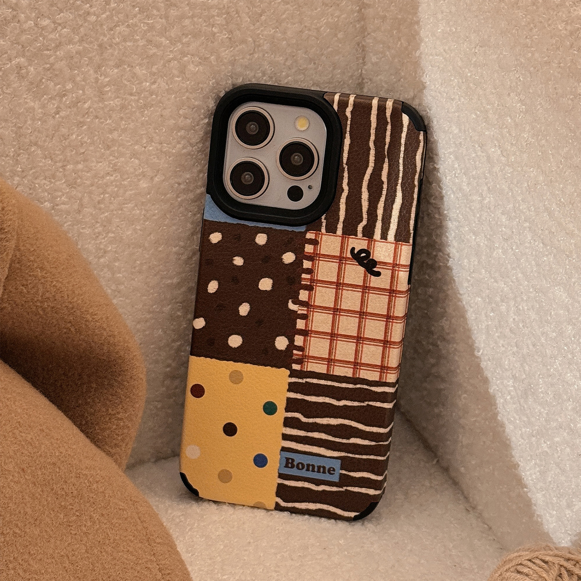 INS Polka Dot Patchwork Compatible iPhone 17 Apple 16 Phone Case 15 Pro Max Leather 14 with Chain 13