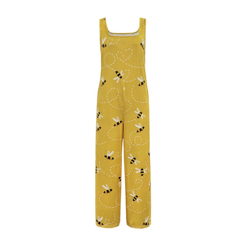 Women's Cute Bee Print Sleeveless Jumpsuit - Milk Silk Casual Grassland Vacation Romper with Pockets-CF50949