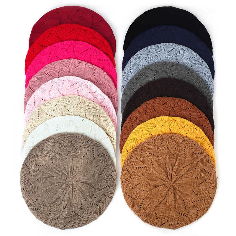 Geebro Womens Plain Color Knit Beret Hat Ladies French Artist Beret Hats Spring Casual Thin Acrylic Berets for Women Beanie U250928