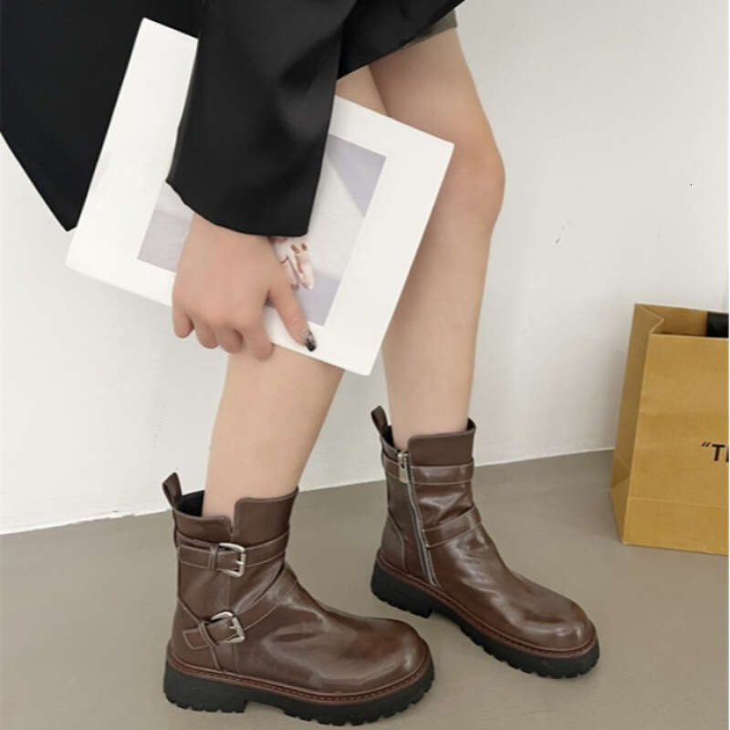 2025 Autumn Winter New Round Toe Chunky Heel Martin Thick Sole Motorcycle Short Belt Buckle Knight Long Boots Women