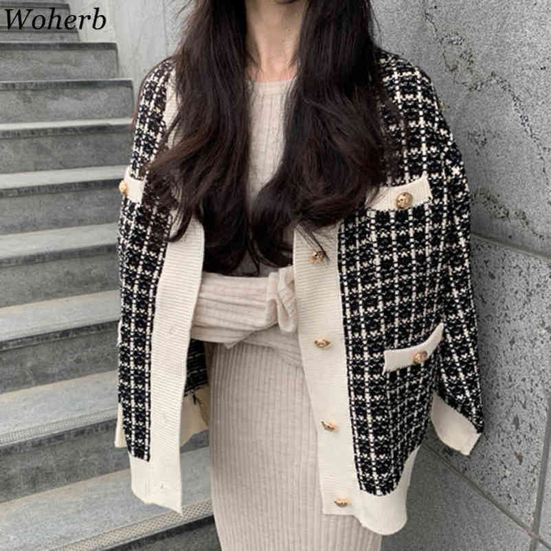 Vintage V Neck Women Knitted Sweaters Coat Korean Chic Plaid Female Cardigans New Chic Sueter Mujer Knitted Jacket 210417
