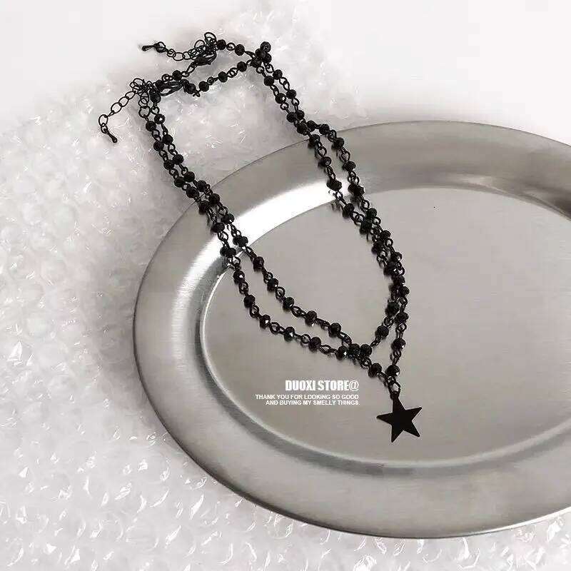 Y2K Punk Double Layered Black Crystal Bead for Women Hip Hop Cool Star Pendant Necklace Fashion Jewelry Accessories