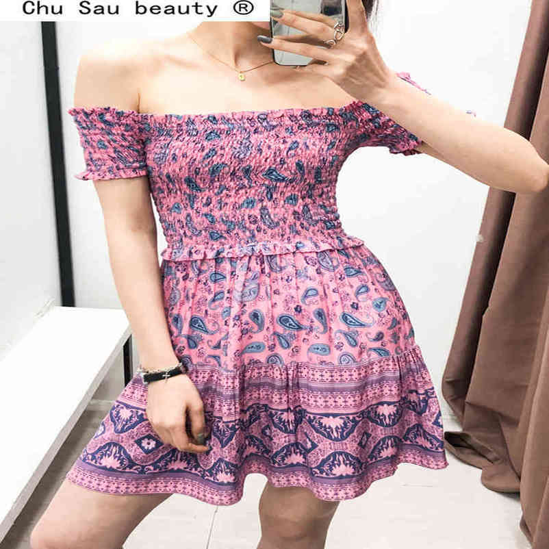 Chu Sau beauty Boho Elastic Bust Vinatge Print Mini Dress Women Holiday Chic Strapless Summer Beach Dresses Mujer Vestido 210508
