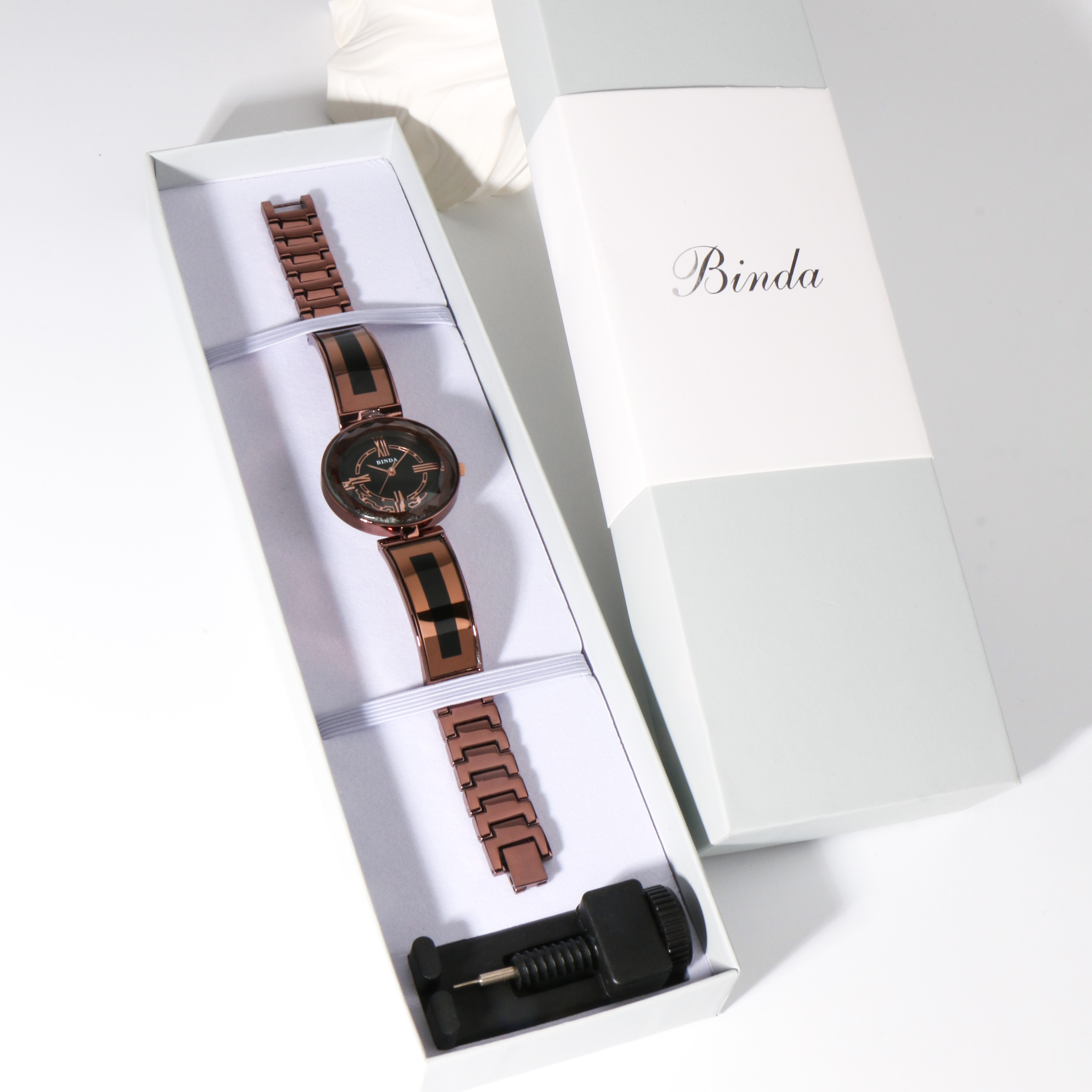 Binda Women Elegant Quartz Watch Gift Box Multi Faceted Dial Glass Bracelet