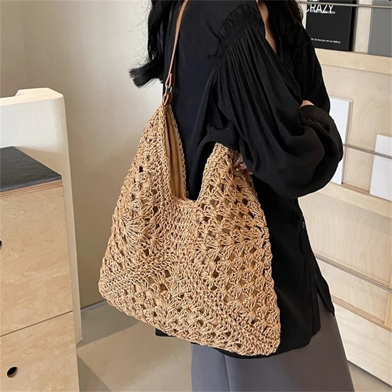 Summer Turf Knitted Bag Hollow Handbag Solid Beach Shoulder Holiday Travel 240802ZYl
