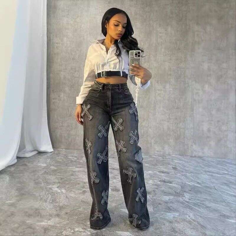 Women's Clothing Washed Denim Cross Hip Hop Straight Trousers