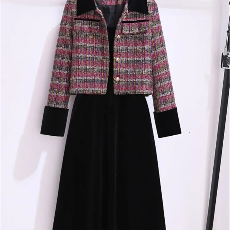 Autumn French Retro Two Piece Set For Womens Outfit Office Ladies Elegant Vintage Tweed Coatsstraped Black Velvet Dresses Sets 240223