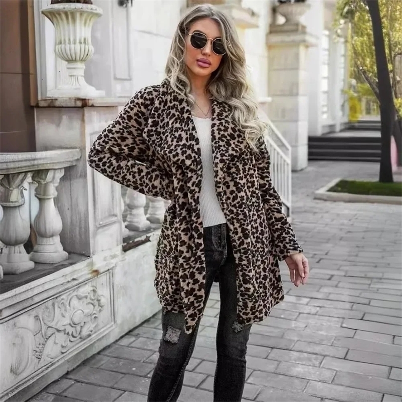 Leopard Print wool coat mid length fashionable casual jacket comfortable long sleeved womens clothing autumn and winter 241019