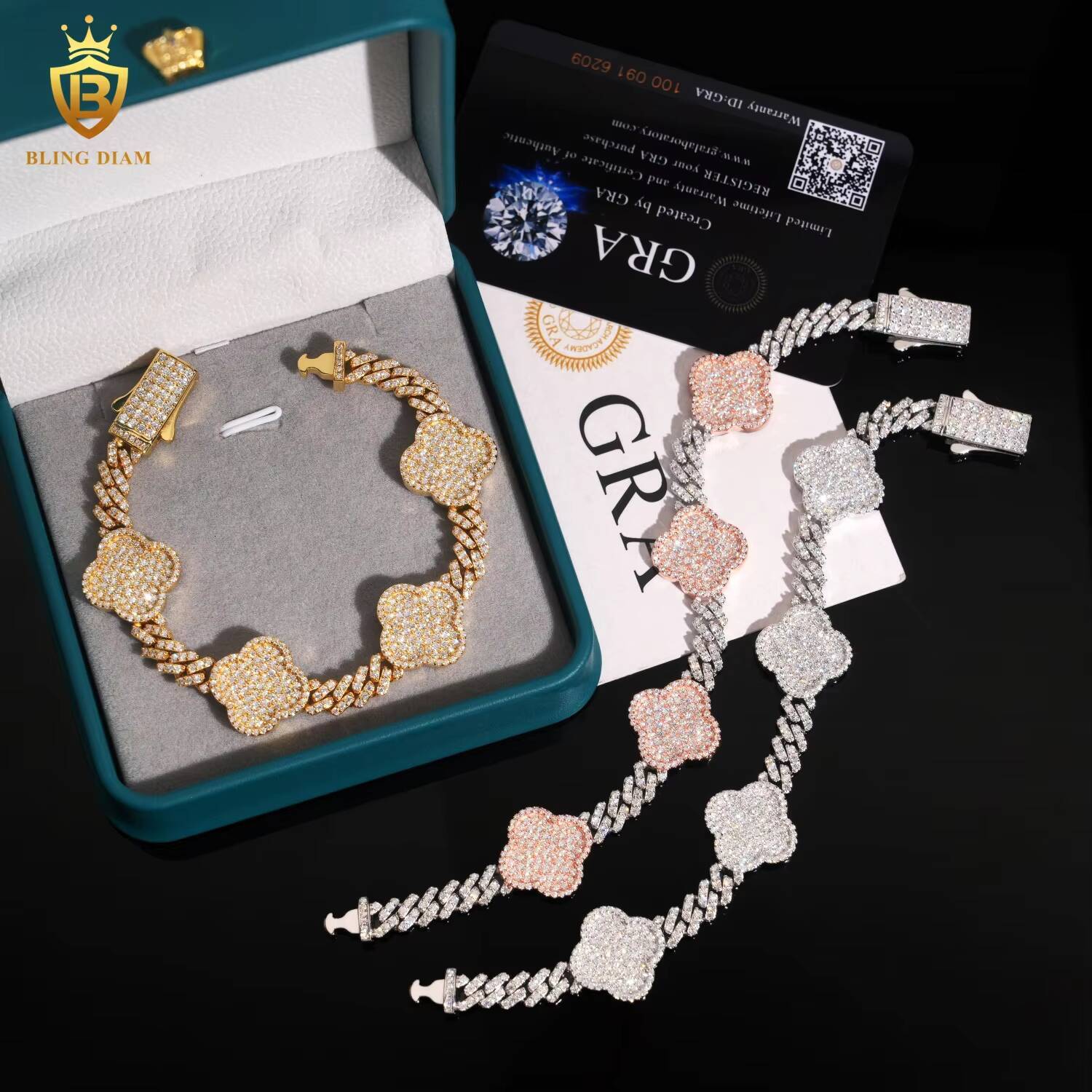 Luxury Charms Bangle Jewelry 6mm 925 Sterling Silver in Rose Gold Vvs Moissanite FourLeaf Clover Bracelets for Men Women