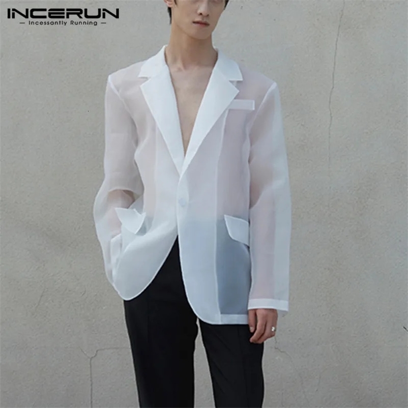 Fashion Men Mesh Blazers Transparent Lapel Long Sleeve Sexy Casual Coats One Button Streetwear Party Men Suit S-5XL INCERUN 240626