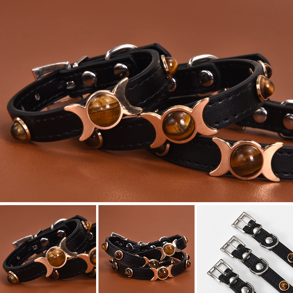 Designer Tiger Eye Stone Dog Collar - Alloy Material - Wear-resistant - Adjustable Buckle - PU Leather Cat Collar