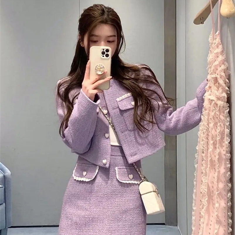 Small Fragrant Tweed Purple Coat And Skirt Set Blazer Dress Elegant Womens Korean Style Two 2 Piece Outfits For Women Robe Sets 240223