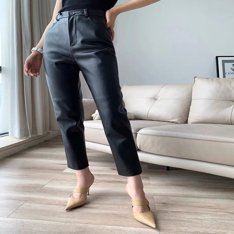 Streetwear Women Pants Korean Fashion Genuine Leather High Waist Trousers Quality 250106