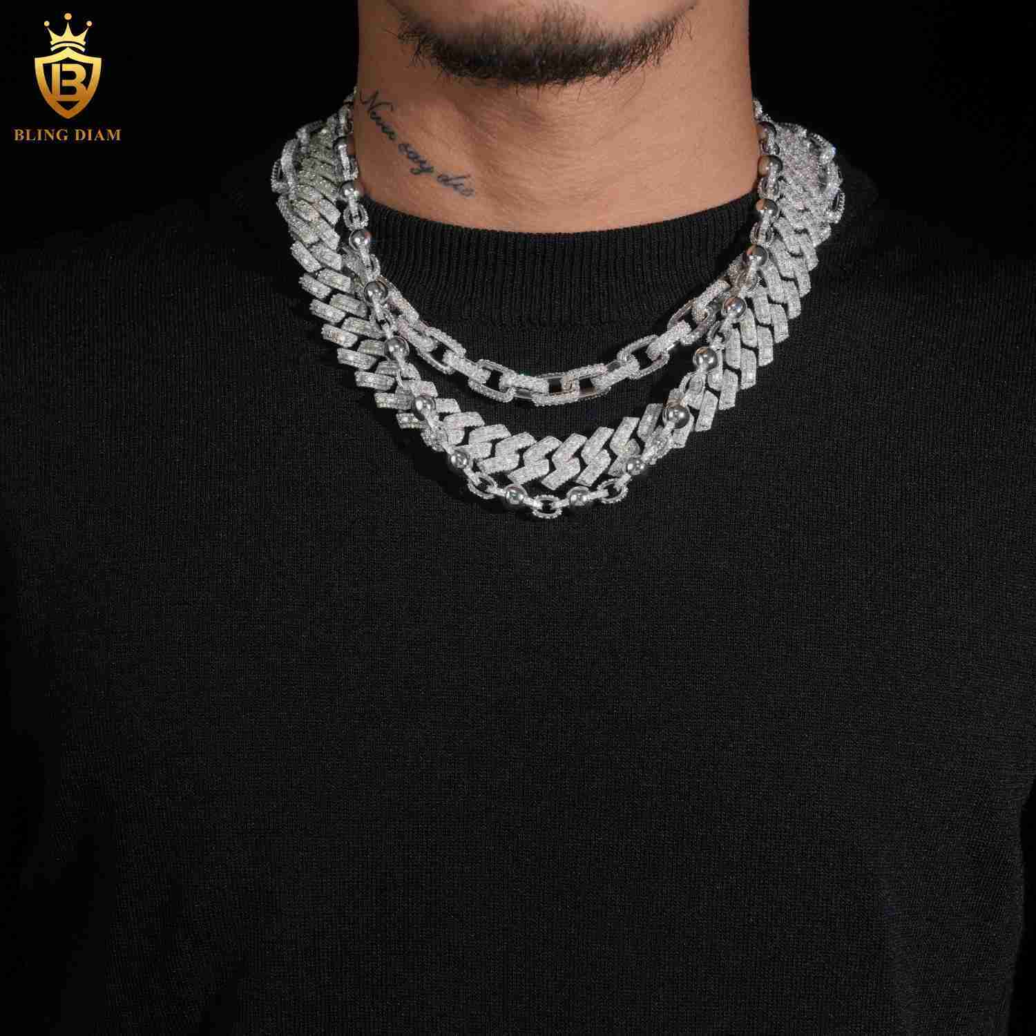 Hip Hop 8mm 10mm 16mm Baguette Shape Cuban Link Chain 925 Sterling Silver Moissanite Fine Jewelry Custom Men Moissanite Necklace