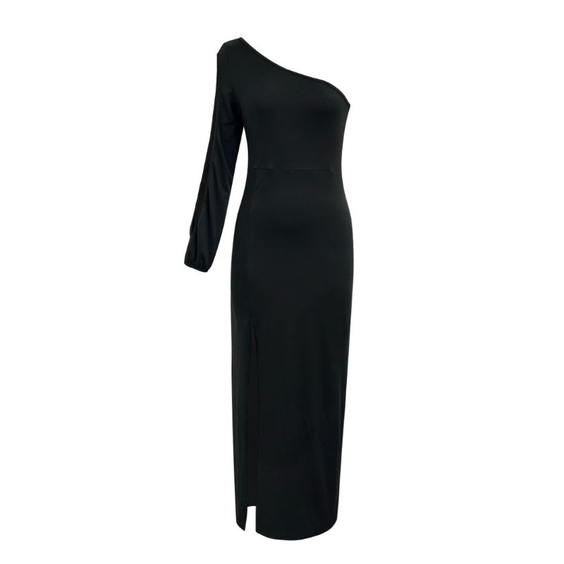 Women's French Elegant Black One-Shoulder Maxi Dress - Slit Party Evening Dress-CF52762