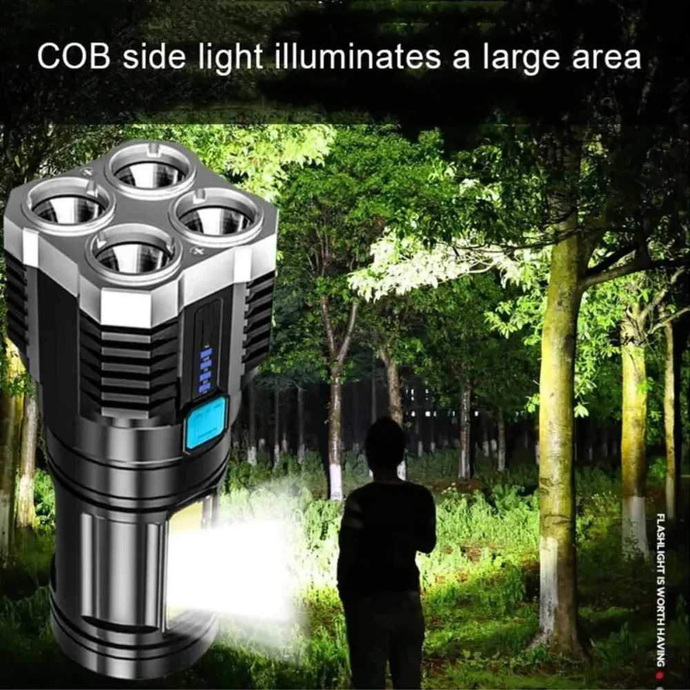 Strong Light LED Flashlight Camping Torch With 4 Lamp And COB Side Lights Outdoor USB Rechargeable Portable Hand Lantern C250928