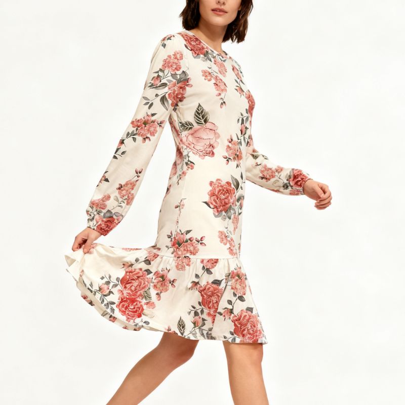 Women's Long Sleeve Floral Print Ruffled Hem Dress Elegant Vacation Apricot Dress-CF52796