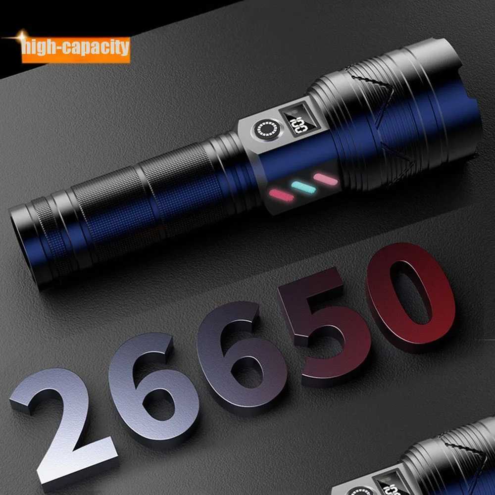 2025Powerful LED Flashlight Ultra Strong Light Torch USB Rechargeable Outdoor Camping Lamp Longrange Zoom Lantern Power Display D250928