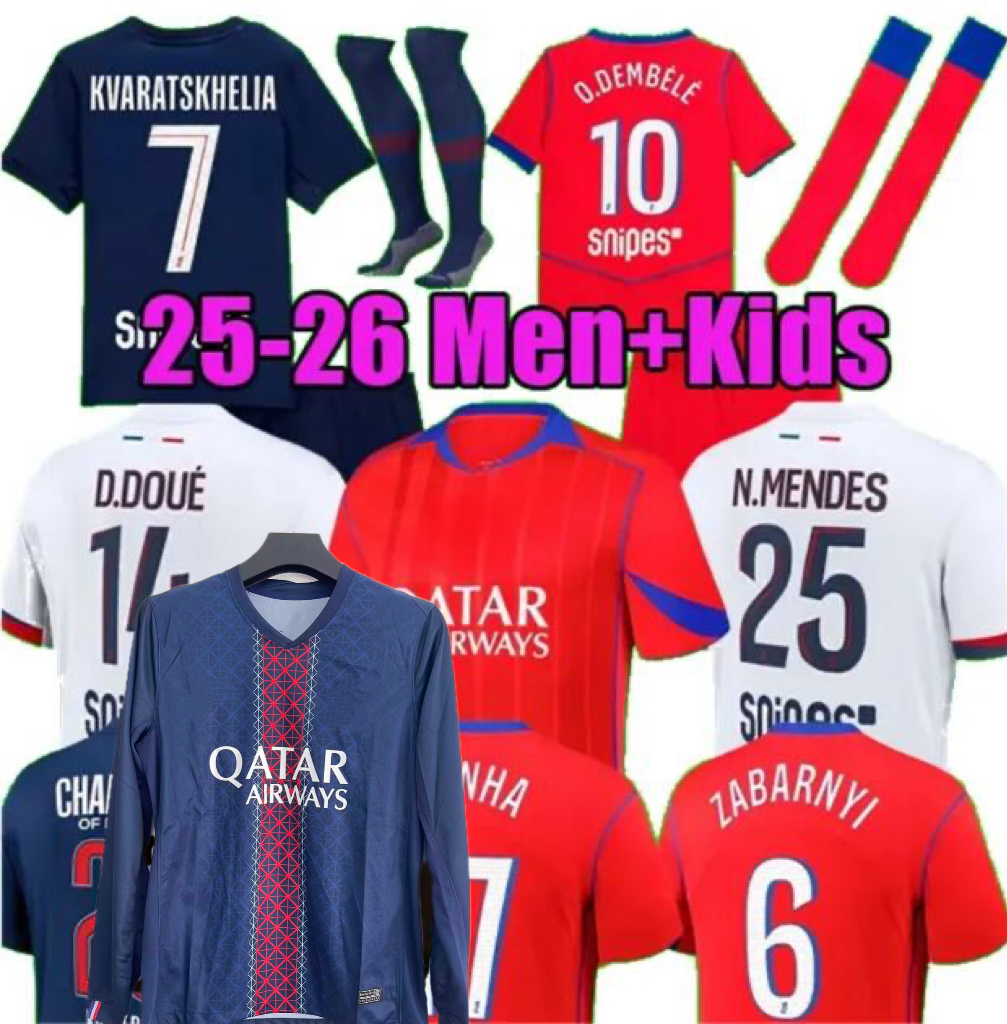 KVARATSKHELIA O.DEMBELE JOAO NEVES 24 25 26 soccer jerseys FABIAN D.DOUE ZABARNYI football 2025 2026 HAKIMI N.MENDES BARCOLA PACHO jersey PSGES men kids uniform