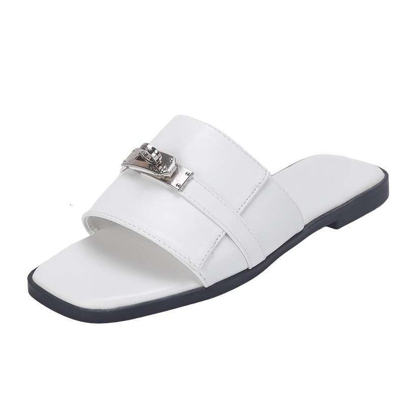 High-Quality Trendy Small Lock Buckle One-Strap Sandals for Women Fashion Versatile Color-Block Square Toe Flat Outdoor Summer Slippers
