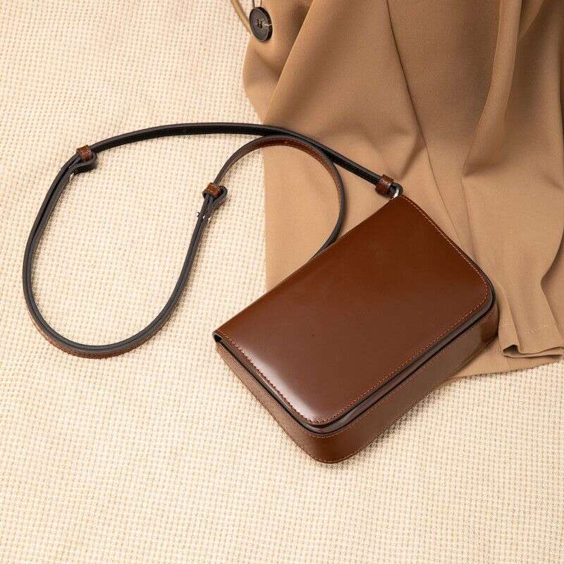 High-End Brown Small Square New Fashion Versatile Cowhide Crossbody Phone Exquisite Simple Tofu Bag