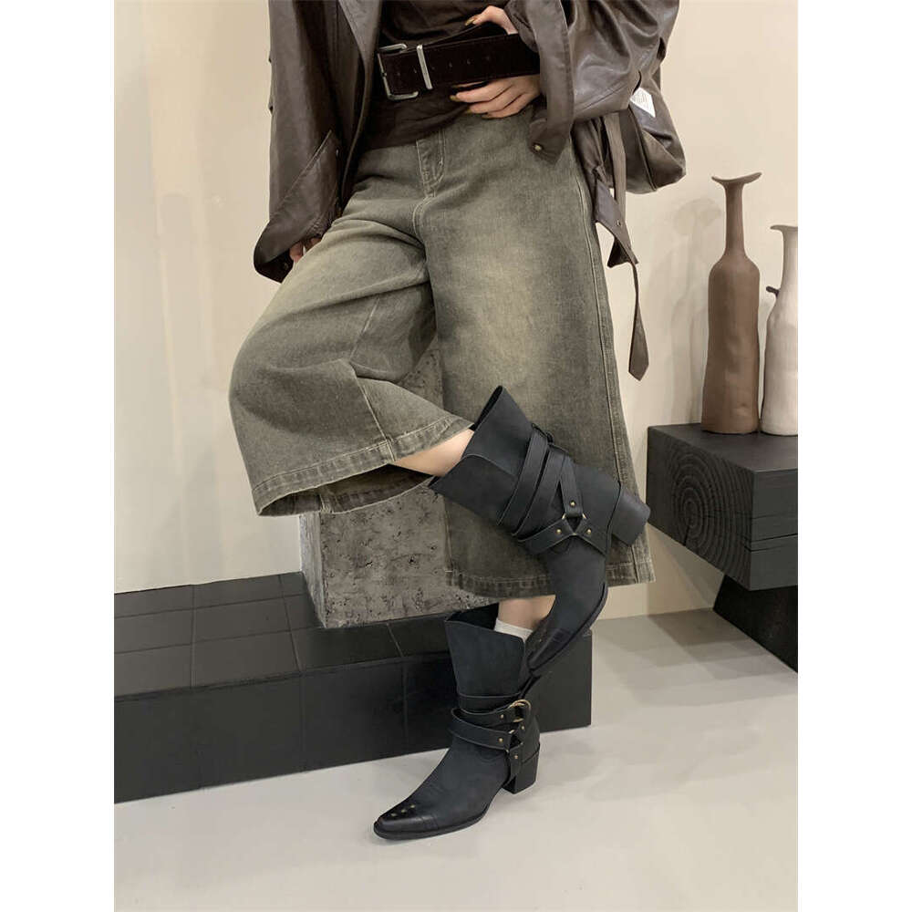 2025 Western Cowboy for Pointed Toe Chunky Heel Belt Buckle Rivet Mid-Calf Martin Women Boots