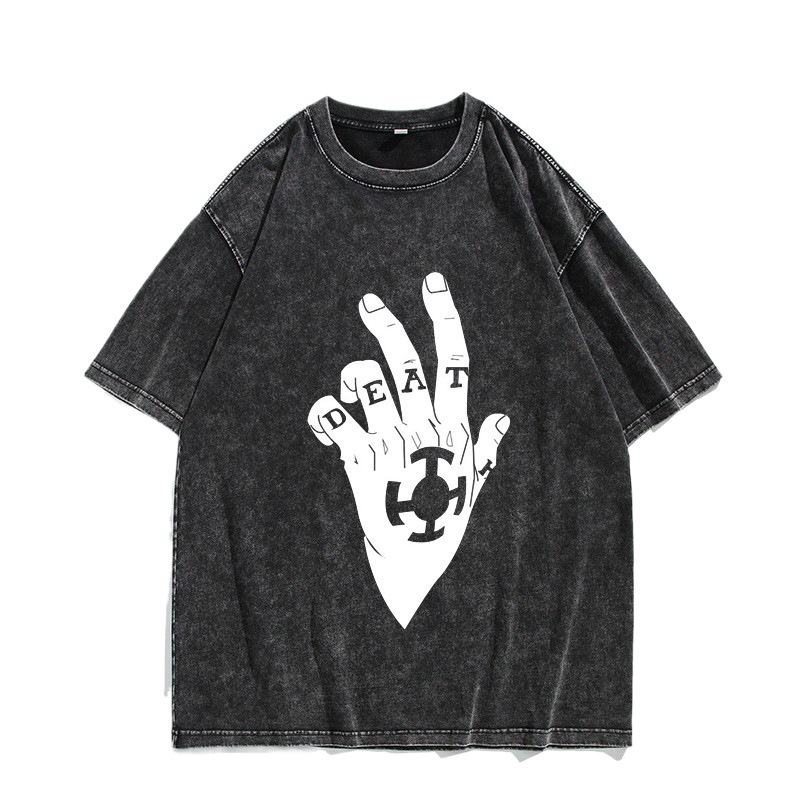 American-Style Washed Vintage Cotton T-Shirt Trafalgar Law ROOM Japanese Anime Print Washed Distressed Short-Sleeve T-Shirt - CJ7717