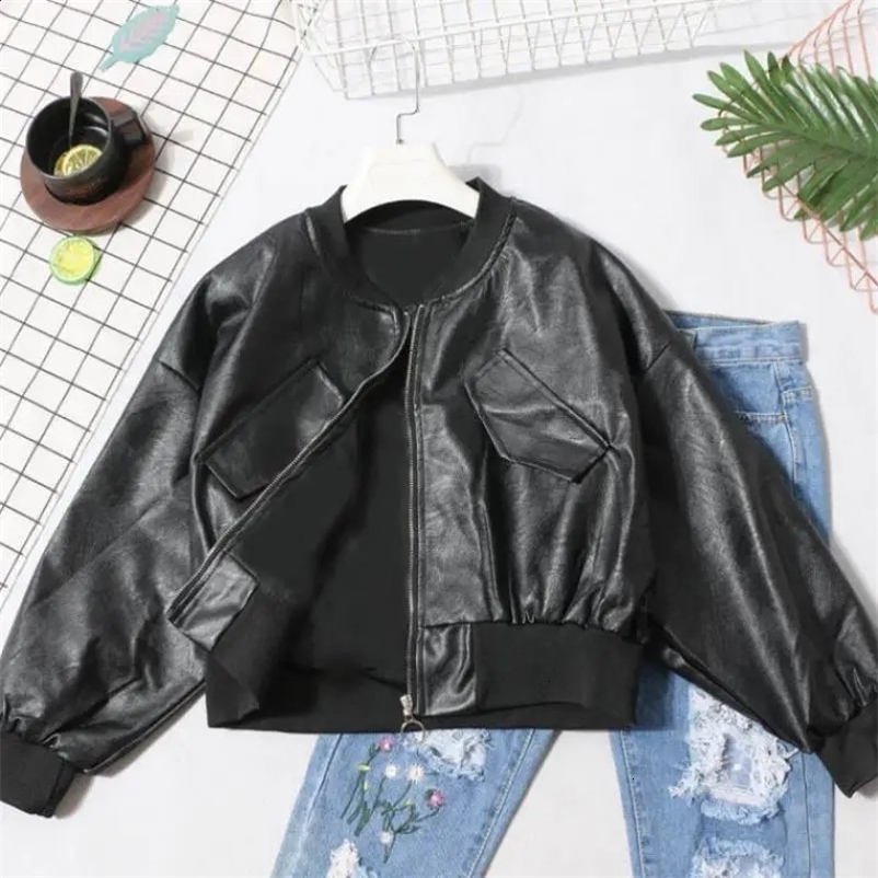 High Waist Short Length Bomber Jackets Women Zippers Leather Outerwear Korean Preppy Style Y2k Casual Coats Moto Biker Black 240723