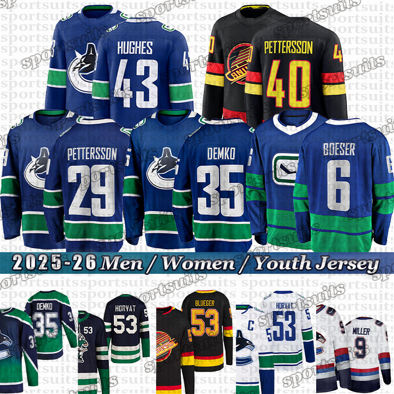 #43 Quinn Hughes hockey jersey Canuck jersey #40 Elias Pettersson Evander Kane Brock Boeser Trevor Linden Jake DeBrusk Thatcher Demko Conor Garland Pavel Bure jerseys