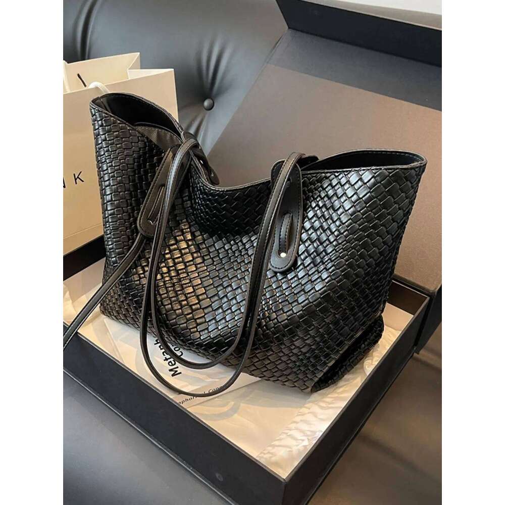 Retro Fashion Classic Solid Color Pu Woven Rhombic Lattice Design Double Handle Single Shoulder Large Capacity Tote Bag
